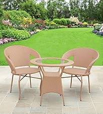 Corazzin Patio Seating Chair and Table Set of 3 Outdoor Furniture Garden Patio Seating Set 2 Chairs & 1 Table Balcony Furniture Coffee Table Sets - (Light Brown) - Hdpe Rattan Uv, 24 Inch