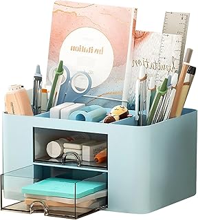 UCRAVO Stylish Stackable Desk Organizer with 2 Drawers and 5 Compartments - Multi-Functional Desktop Storage Box with Pen Holder for Home, Office, School, Craft Supplies, and Art Stationery - Blue